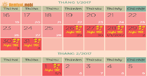 Lịch nghỉ tết Nguyên Đán 2017 cho công chức, viên chức