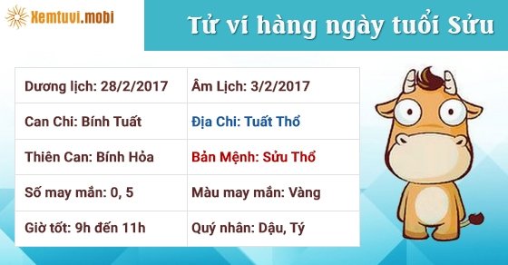 Tử vi hàng ngày tuổi Sửu thứ 3 ngày 28/2/2017 Tử vi hàng ngày tuổi Sửu thứ 3 ngày 28/2/2017