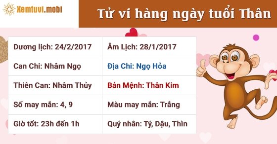 Tử vi hàng ngày tuổi Thân thứ 6 ngày 24/2/2017 Tử vi hàng ngày tuổi Thân thứ 6 ngày 24/2/2017