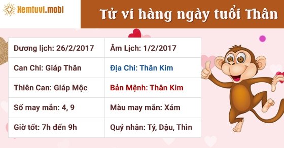 Tử vi hàng ngày tuổi Thân chủ nhật ngày 26/2/2017 Tử vi hàng ngày tuổi Thân chủ nhật ngày 26/2/2017