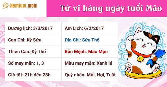 Tử vi hàng ngày tuổi Mão thứ 6 ngày 3/3/2017 Tử vi hàng ngày tuổi Mão thứ 6 ngày 3/3/2017