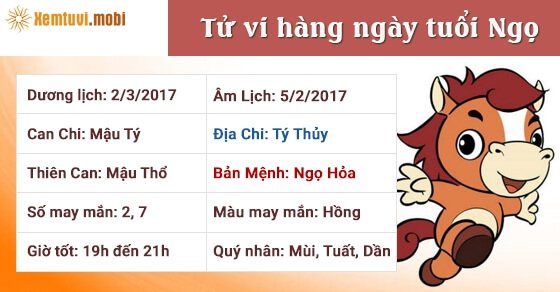 Tử vi hàng ngày tuổi Ngọ thứ 5 ngày 2/3/2017 Tử vi hàng ngày tuổi Ngọ thứ 5 ngày 2/3/2017