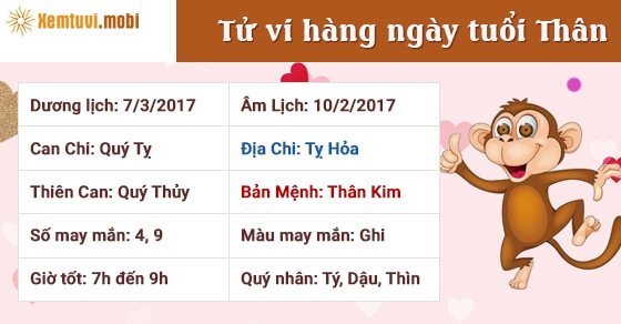 Tử vi hàng ngày tuổi Thân thứ 3 ngày 7/3/2017